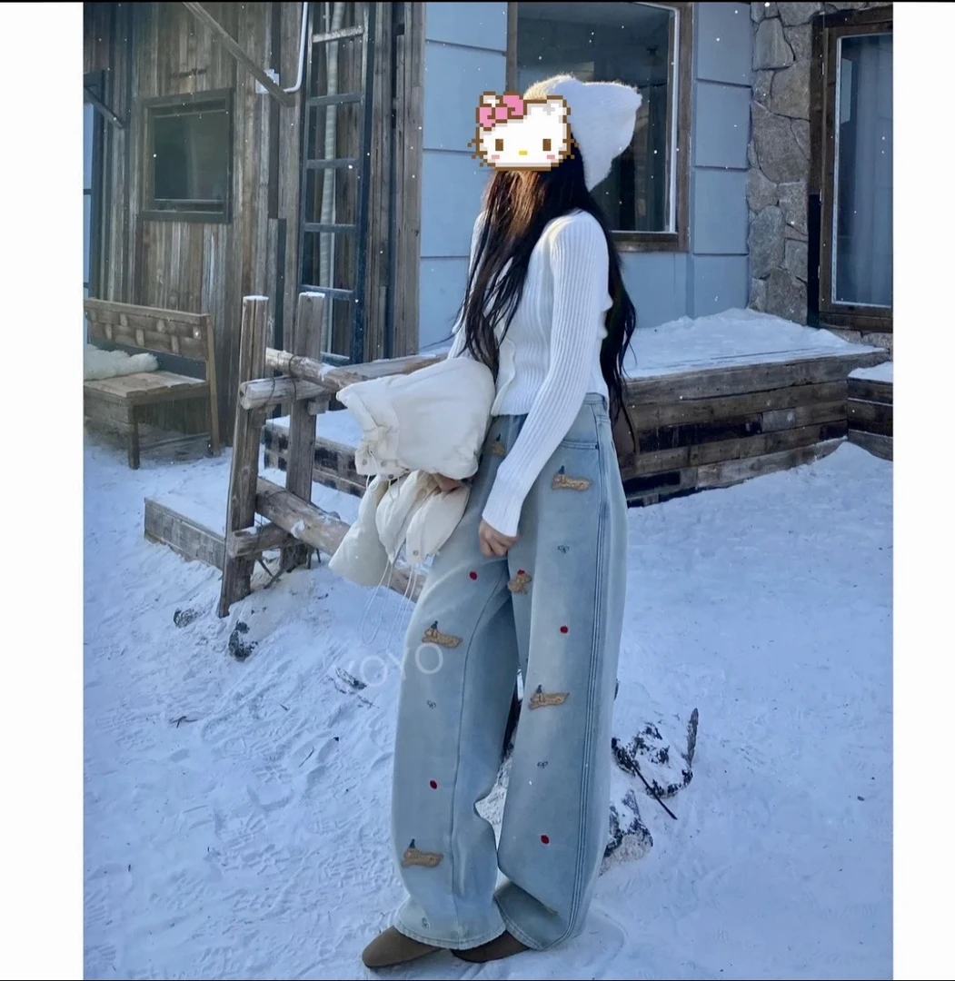 2024秋冬【腊肠狗】厚绒设计感水貂绒绣花水洗软牛仔阔腿拖地裤女