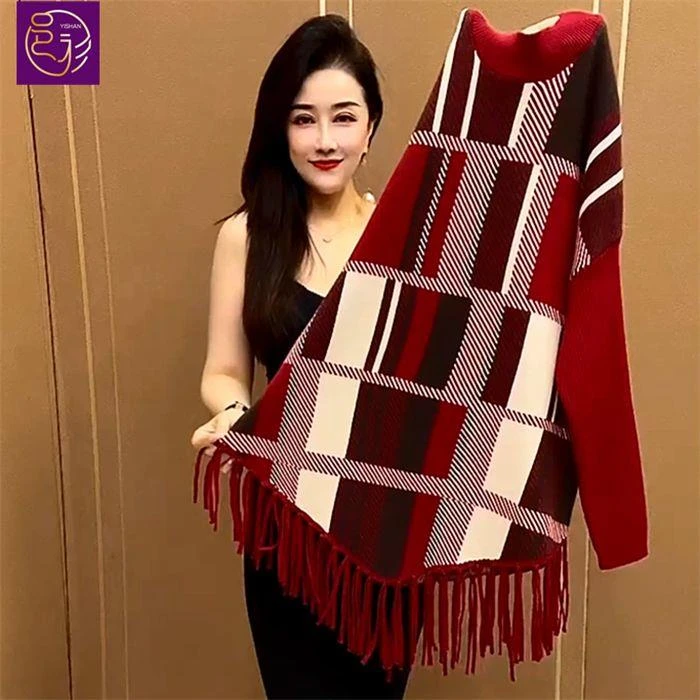 妈妈秋冬格子流苏毛衣中年女新款洋气韩版宽松针织打底衫休闲上衣