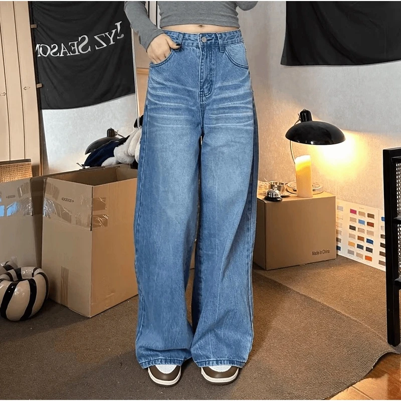 PANPAN【现现】水洗蓝色高腰牛仔裤新款宽松显瘦直筒垂感阔腿裤