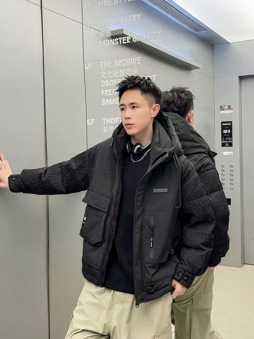 7131-1冬季新款高智淡人潮流复古穿搭拼接假两件设计工装羽绒服