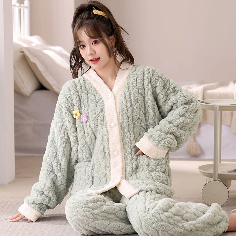珊瑚绒睡衣女秋冬季加厚加绒甜美学生款冬天保暖法兰绒家居服套装