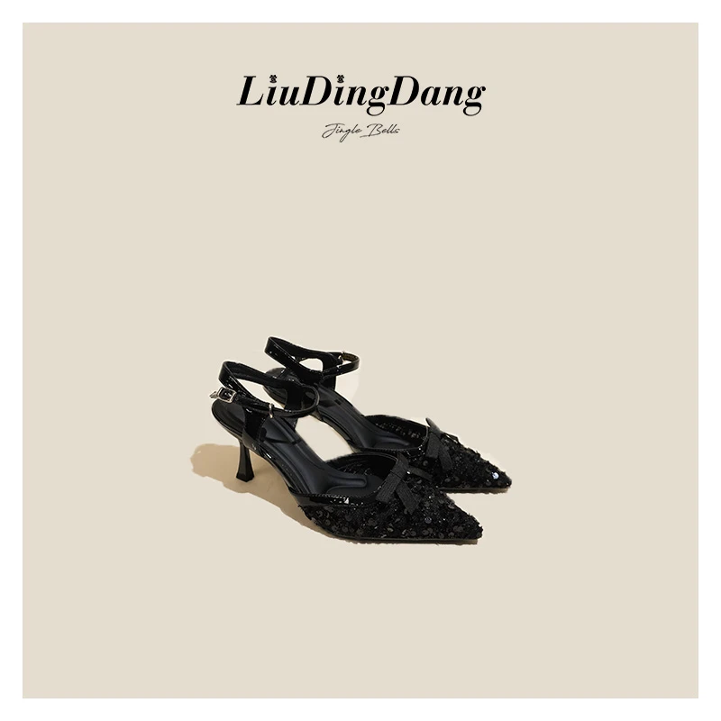 【刘叮当女鞋】蝴蝶结高跟包头凉鞋细跟尖头女士单鞋D820331-8