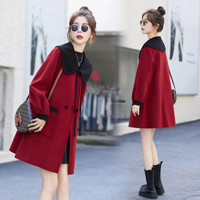 2023秋冬女装新款双面羊绒大衣外套女中长款气质羊毛呢子红色洋气