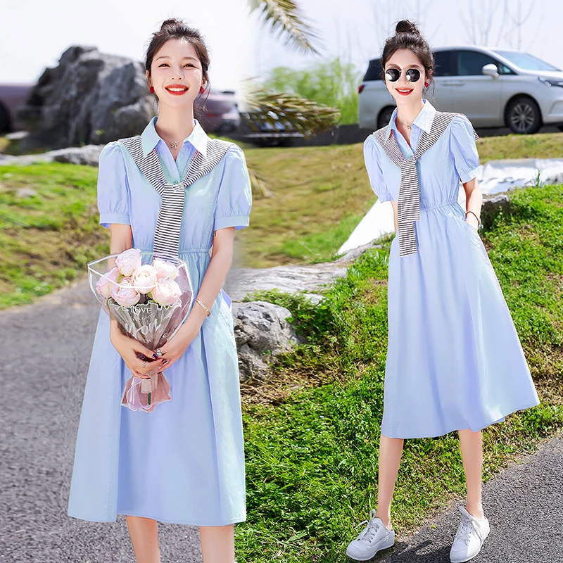 2025夏季女装新款短袖连衣裙女中长款修身收腰显瘦气质学院风裙子