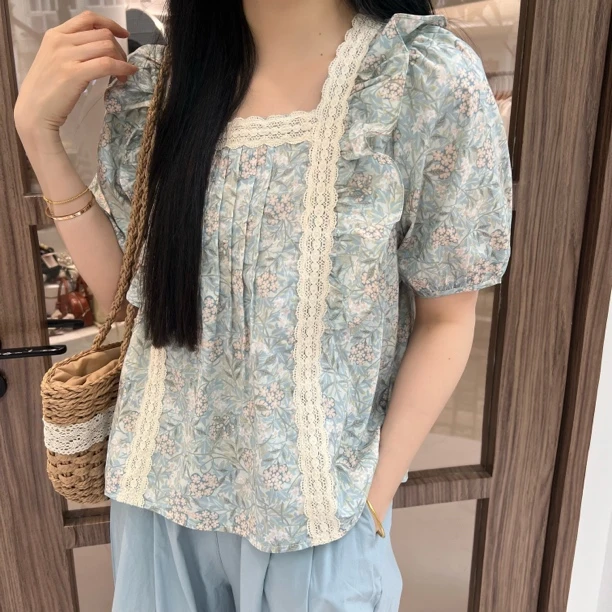 ｛薄荷森林｝夏 木耳边荷叶领 韩系碎花上衣