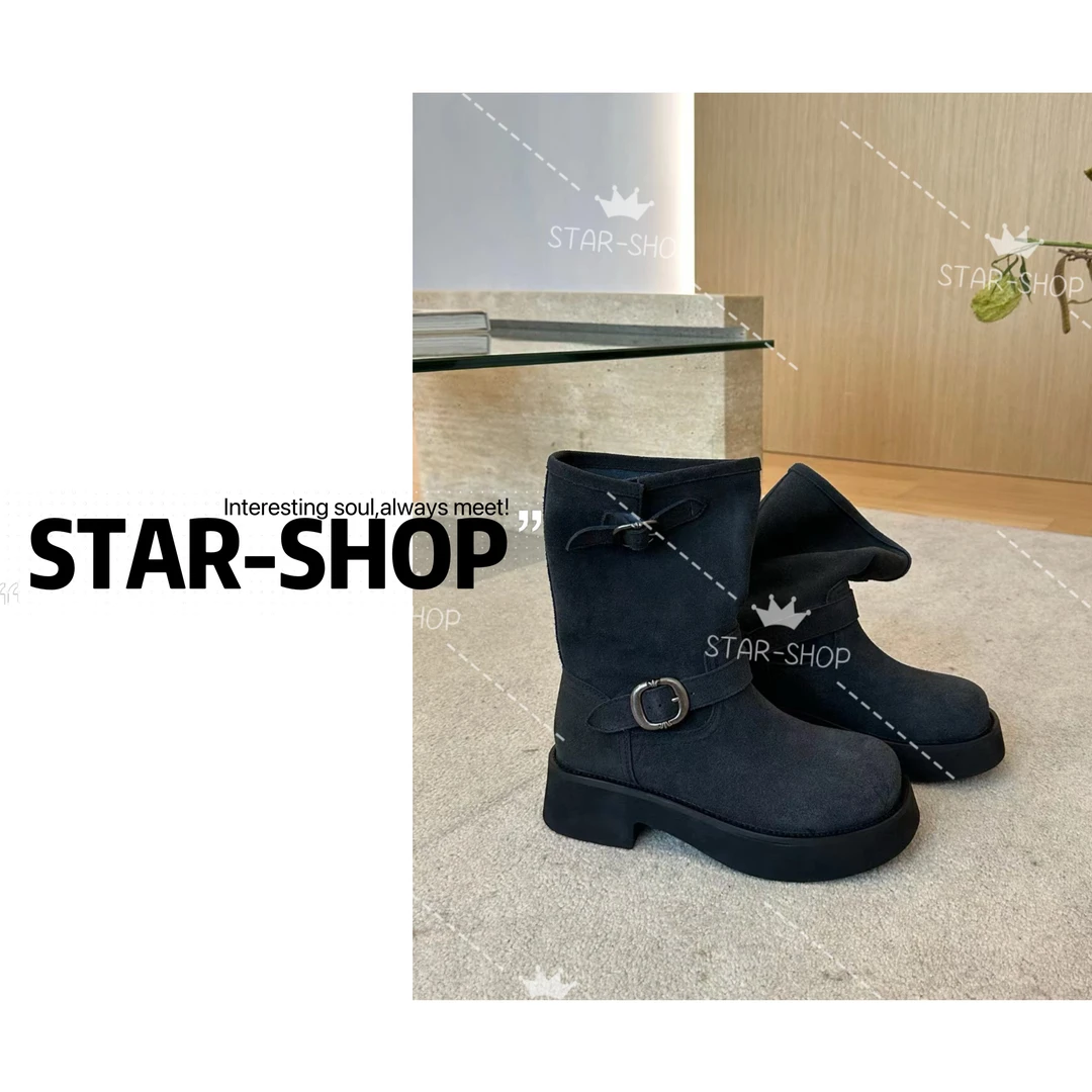 ｛STAR-SHOP｝秋 小方扣 复古 休闲 短靴
