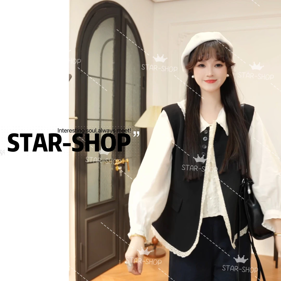 ｛STAR-SHOP｝蕾丝边拼接 韩系高品质马甲外套