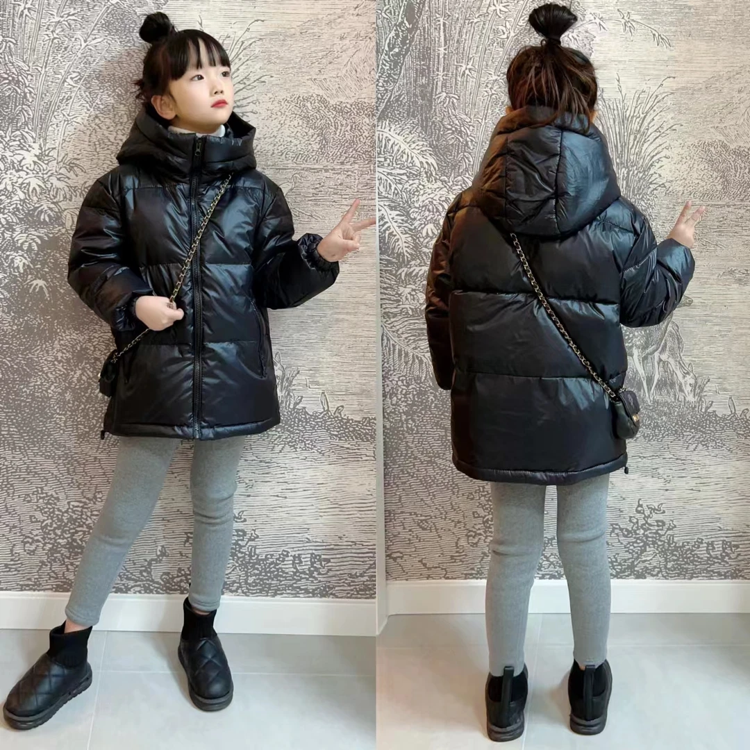 新款时尚中大童儿童羽绒服冬季韩版连帽黑色金标加厚保暖童装外套