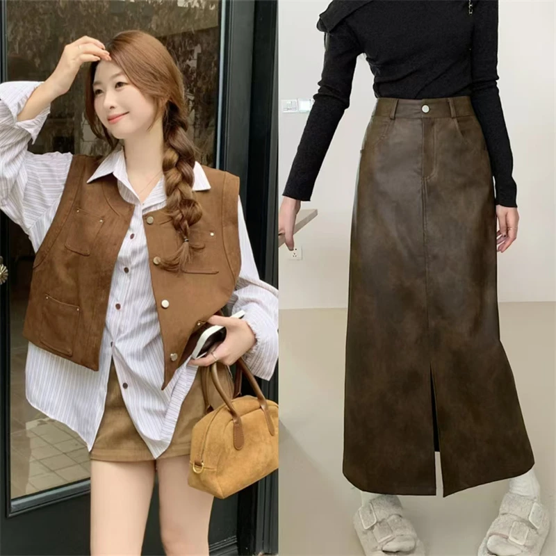 达人专属大码秋季新款条纹衬衫+工装马甲+开叉皮裙三件套