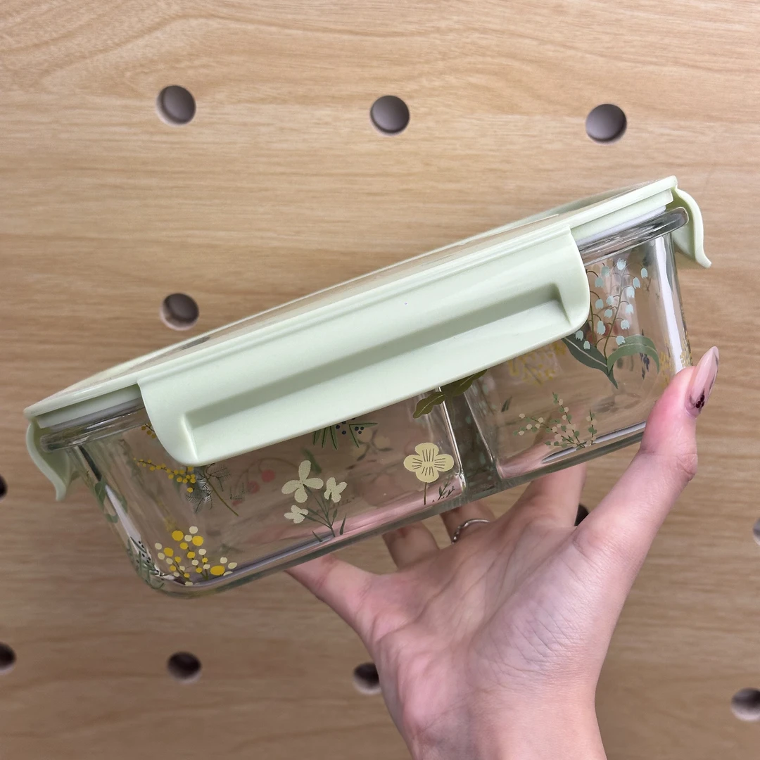 【小满家】精品小众 高硼硅玻璃耐热保鲜盒 绿意盎然分格 长方形