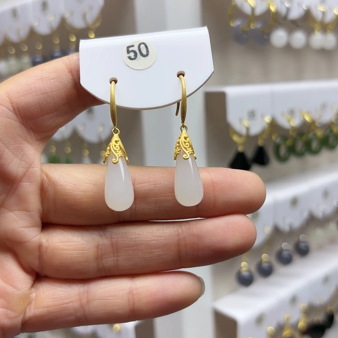 和田玉耳饰银S925镶嵌