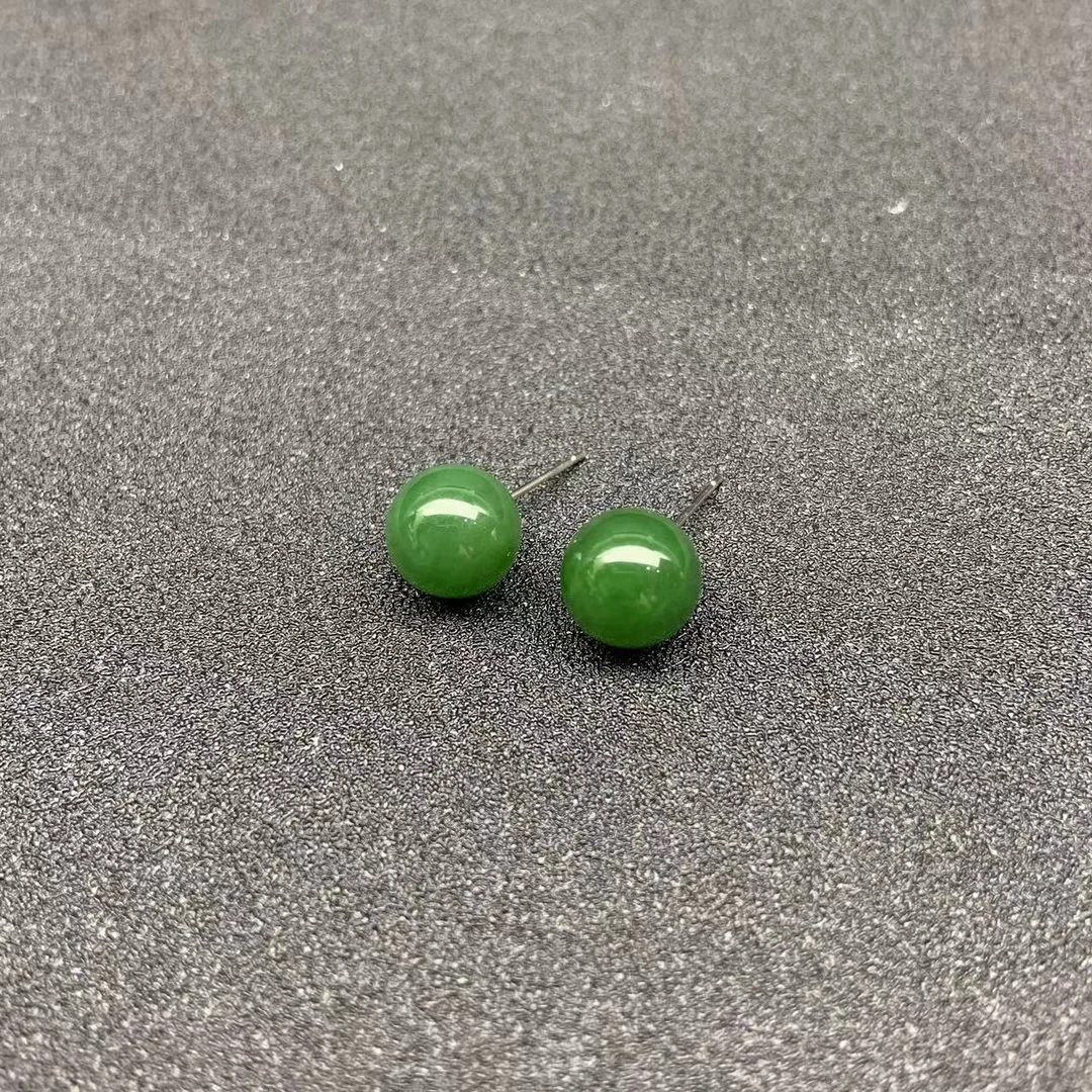 缘诚良玉天然和田玉碧玉圆珠款S925耳坠耳钉时尚百搭简约