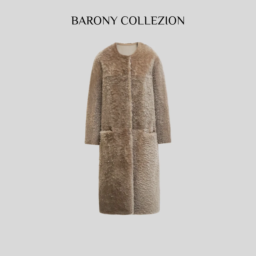 佰力郞BARONY98370 女士皮草圆领中长经典百搭进口美利奴皮毛一体