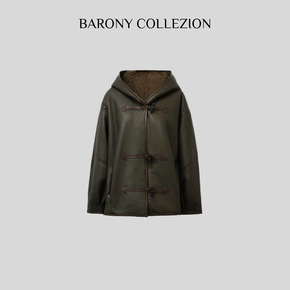 【日常新中式】佰力郞82932翠绿悠然经典连帽西班牙美利奴皮毛一体