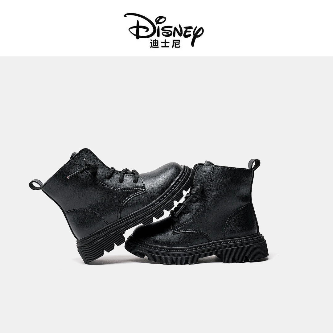 迪士尼童鞋儿童马丁靴冬季加绒加厚女童靴子2023新款皮靴男童短靴
