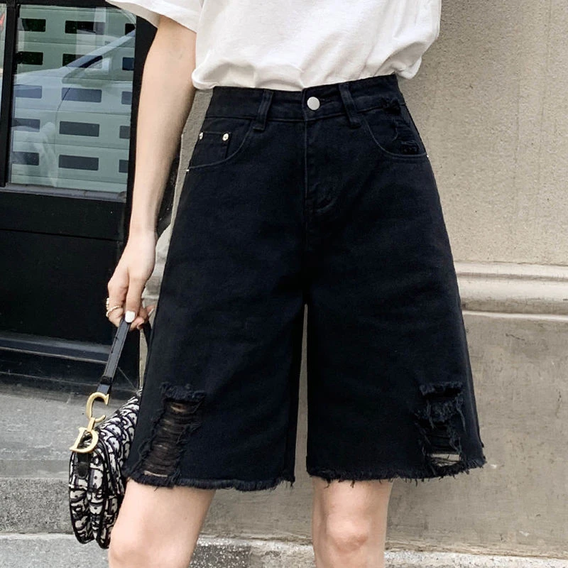 黑色牛仔短裤女夏高腰2022年新款五分裤破洞直筒显瘦薄款宽松中裤