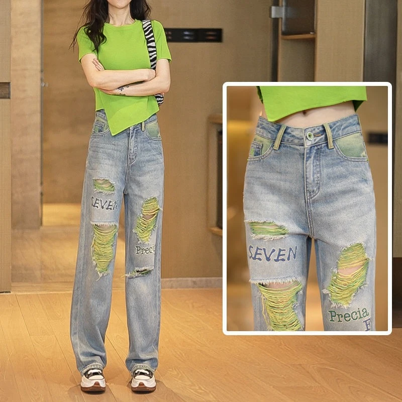 欧货字母印花烫钻牛仔直筒裤女2023春夏新款高腰显瘦阔腿拖地裤潮