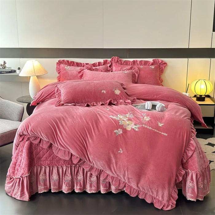 10斤！婴儿绒床盖四件套韩版高端公主风绣花荷叶边欧式加绒加厚