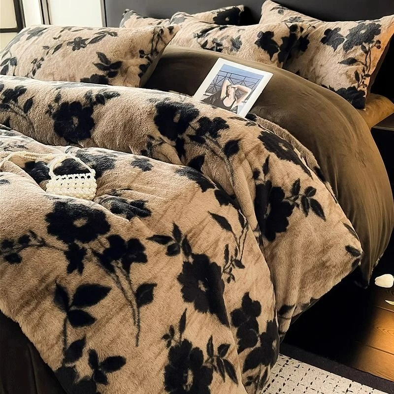 美拉德风兔毛绒床上四件套2024新款牛奶珊瑚绒床单被罩套冬季床品