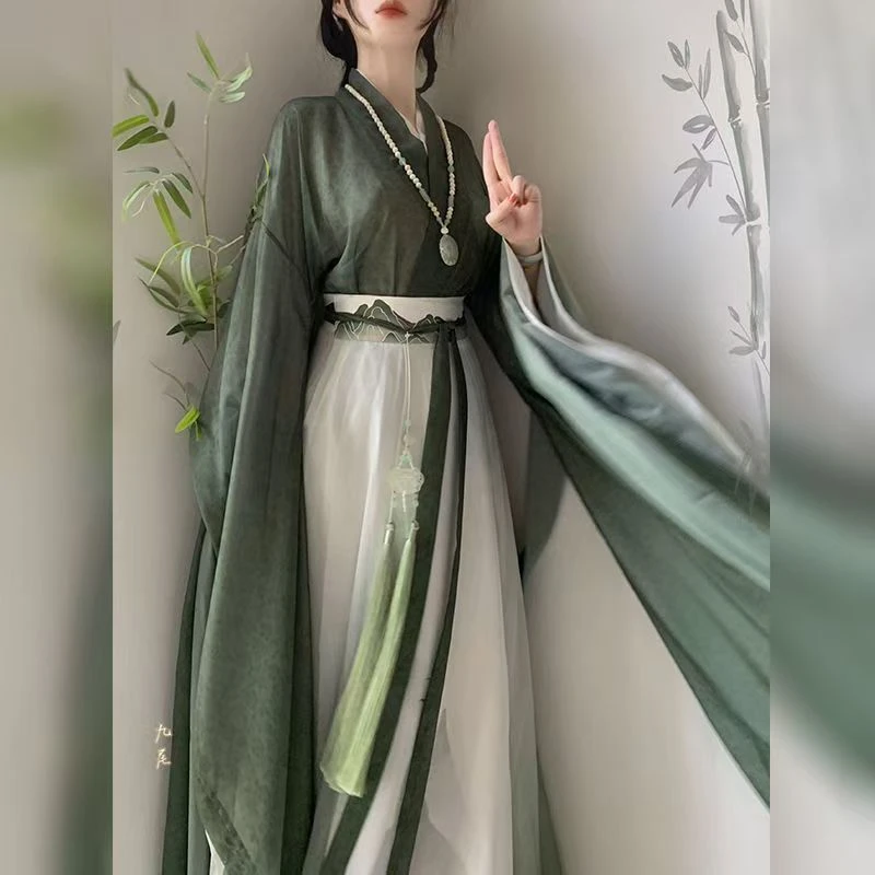 墨云阁【青山】魏晋风汉服广袖南北朝印花中国风八破裙日常套装春夏