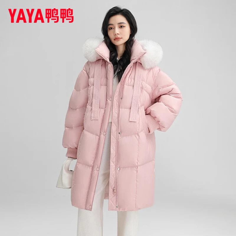 YAYA/鸭鸭羽绒服女中长款冬过膝狐狸毛领时尚保暖外套YE4B605831A