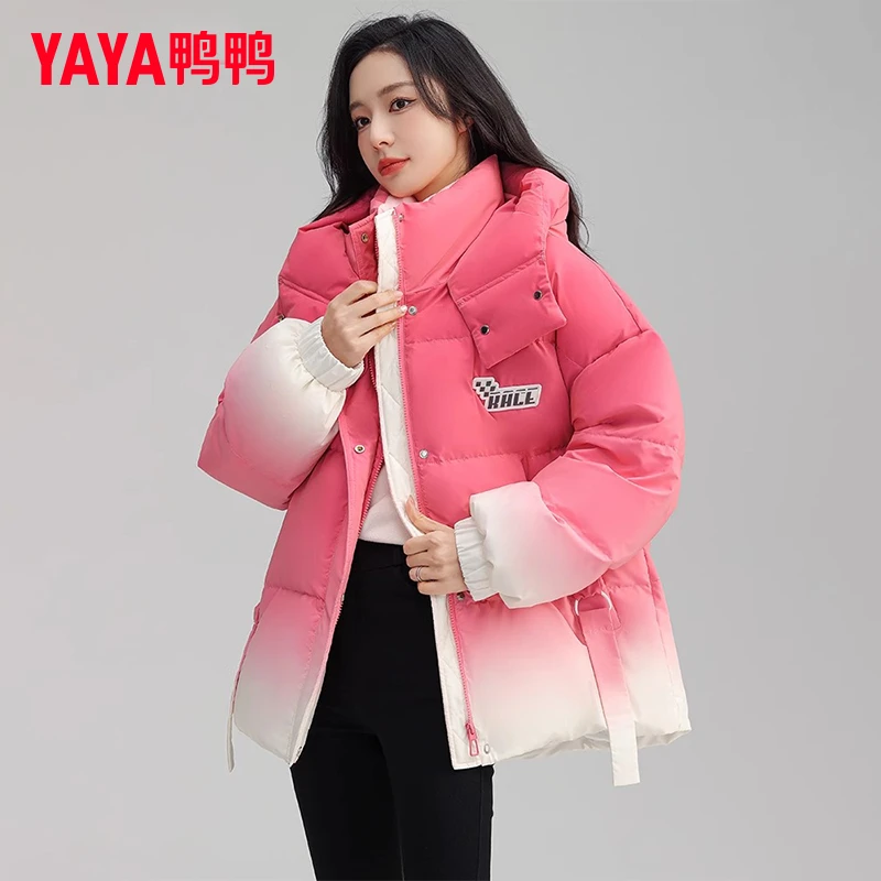 YAYA/鸭鸭羽绒服女中长款高级渐变色连帽纯色韩版外套YE3B600443L