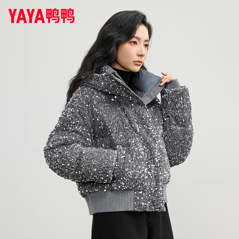 YAYA/鸭鸭羽绒服女短款时尚休闲亮片立领宽松保暖YE4B702401E