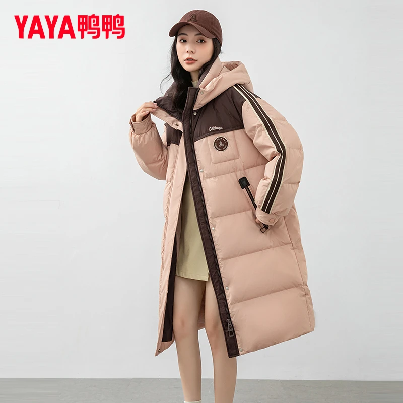 YAYA/鸭鸭羽绒服女长款时尚拼色休闲运动百搭保暖外套YE3B626735L