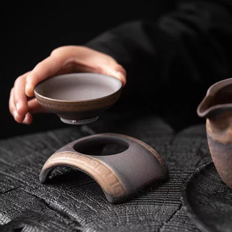 老式粗陶鎏金茶漏树叶陶瓷过滤器茶道分茶器拱桥网布茶叶过滤套组