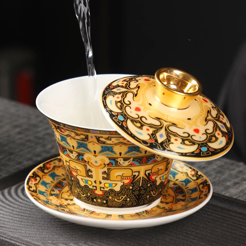 三才碗描金茶碗唐卡悬停盖碗茶杯大号陶瓷高档礼品羊脂玉功夫茶具