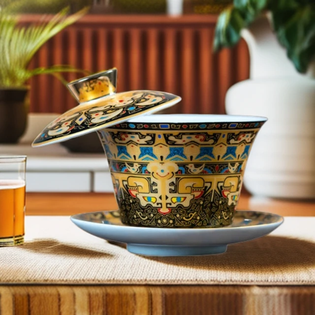 唐卡可悬停三才盖碗高档茶盖碗瓷茶碗功夫茶具宫廷风家用敬茶碗
