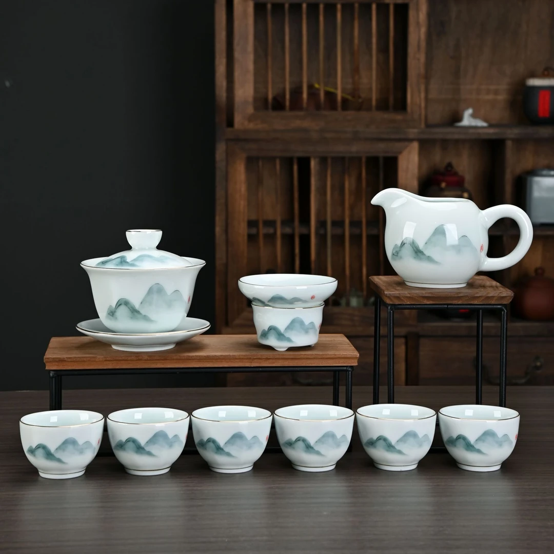 影青瓷青山白瓷茶具套装轻奢中式功夫泡茶壶盖碗杯家用喝茶一整套