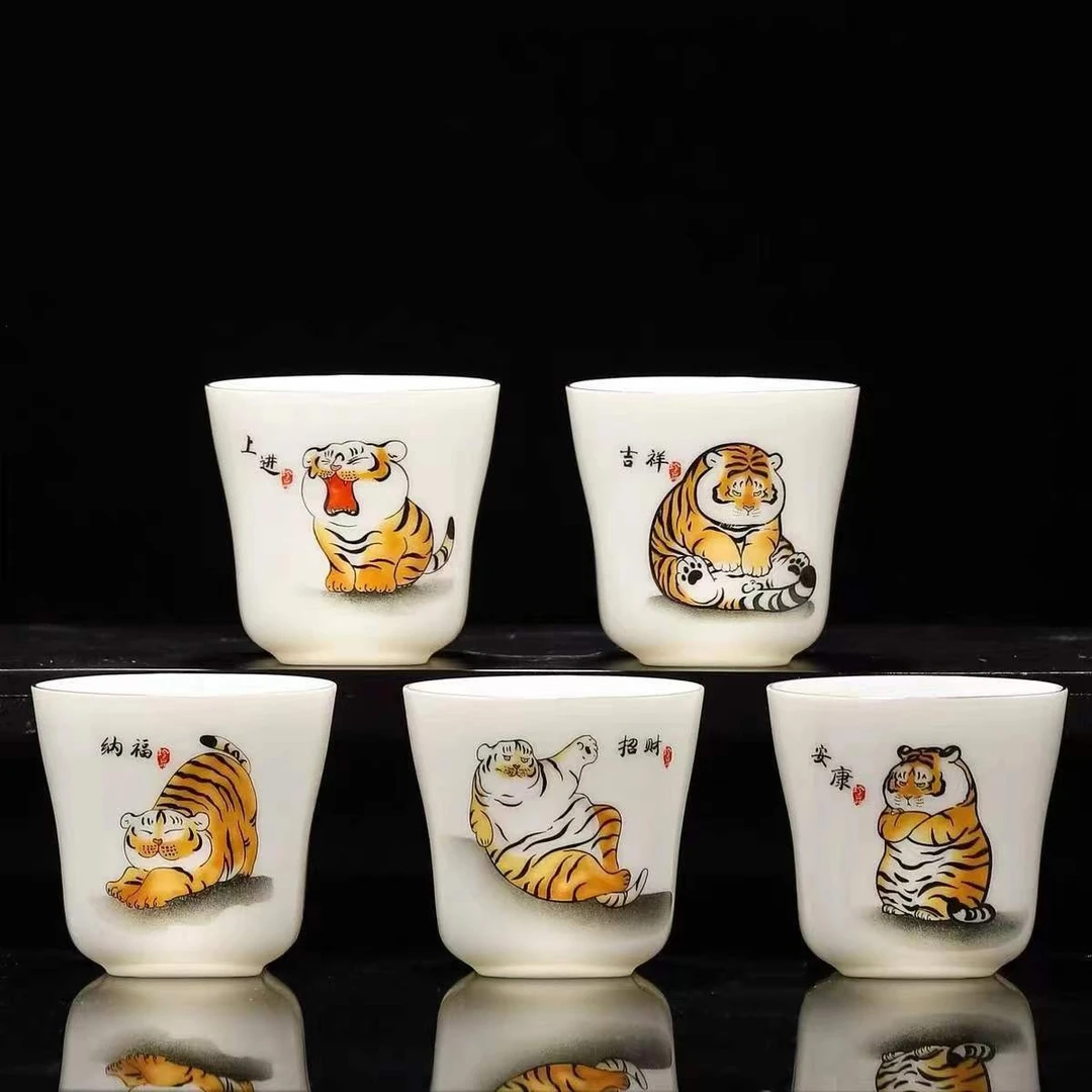 羊脂玉茶杯品茗杯主人杯喝茶杯子五虎可爱功夫茶具配件白瓷高档定