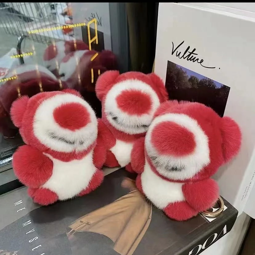 可爱獭兔毛草莓熊车钥匙扣挂件ins网红毛绒潮公仔书包包挂饰礼物