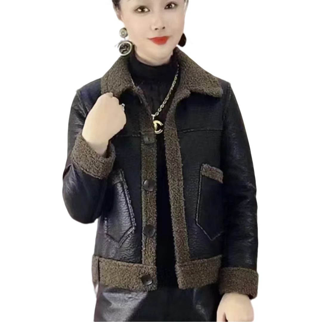2024秋冬新款加绒PU仿羊羔毛皮毛一体短外套女款