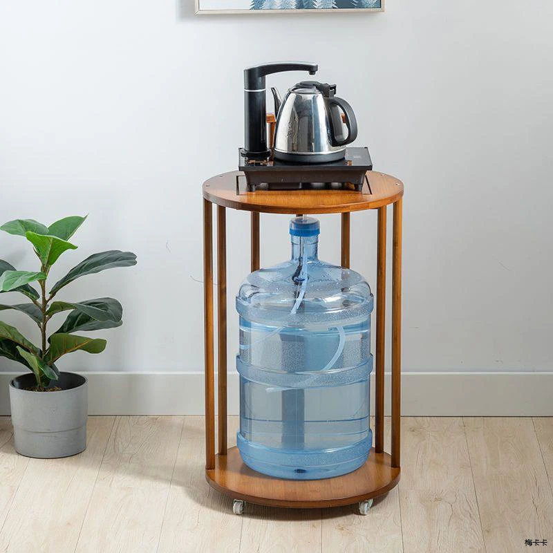 胡桃色移动茶柜烧水壶一体储茶柜架圆形泡茶台置物架茶水柜小茶车