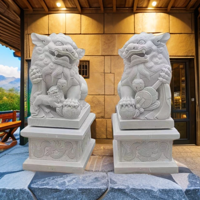 石雕喜狮一对汉白玉南狮整石雕刻青石家用庭院别墅公司祠堂摆件
