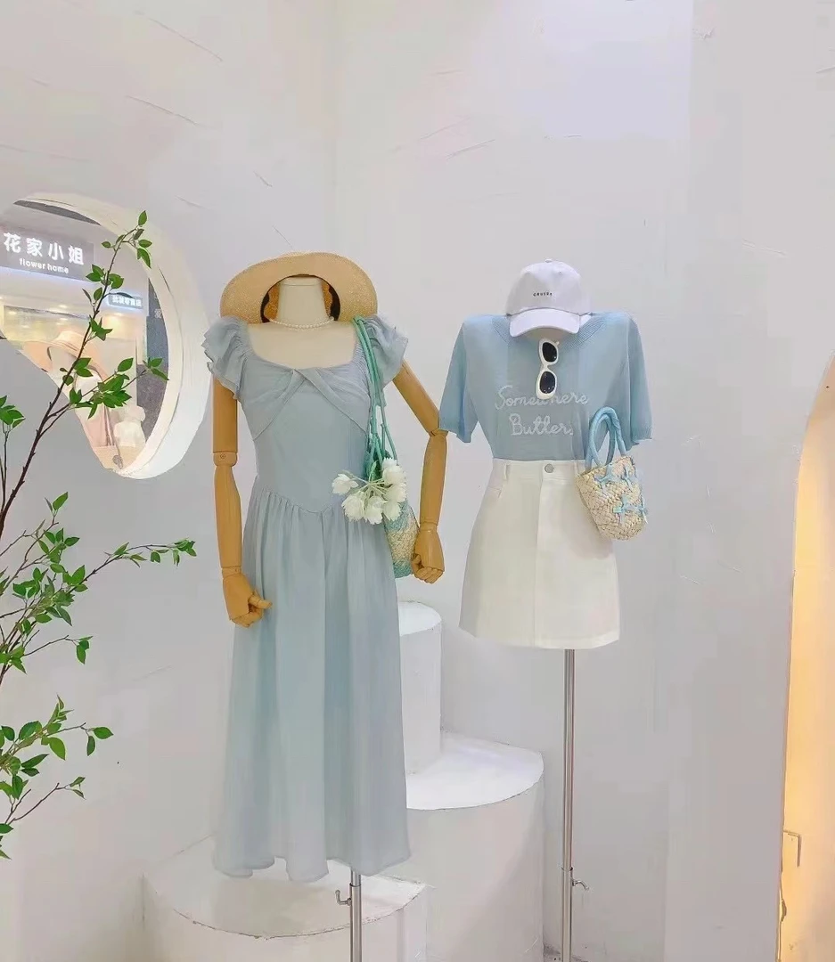 女装新款韩版修身圆领短袖雪纺连衣裙