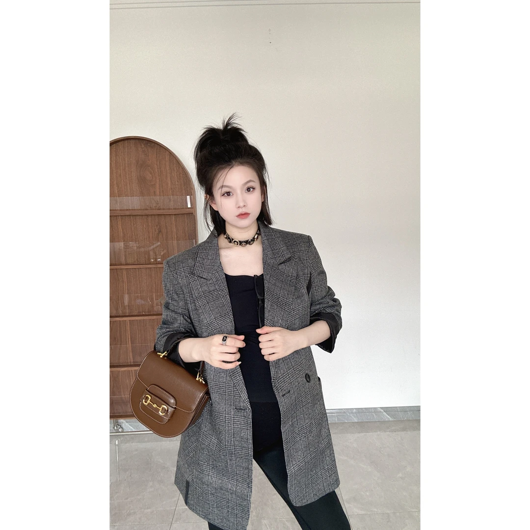 2024新款灰色复古格子西装外套女设计感气质西服2015