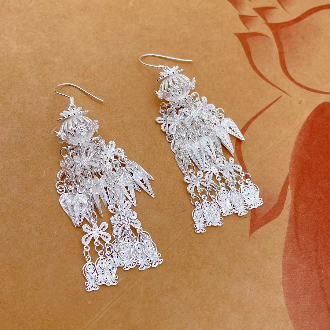 足银银制品 足银999民族风鱼多多花丝耳环