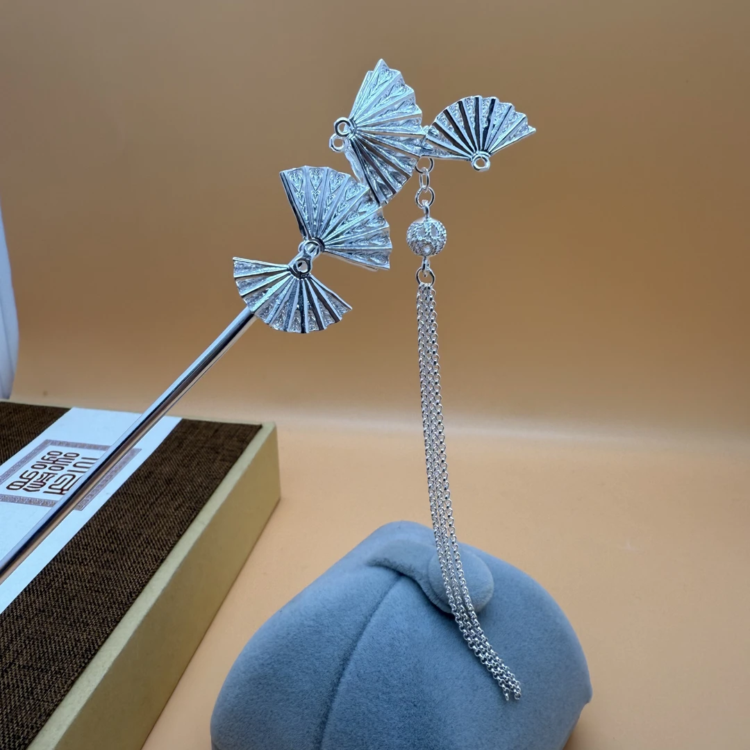 足银银制品 足银步摇流苏精致古风扇形发簪