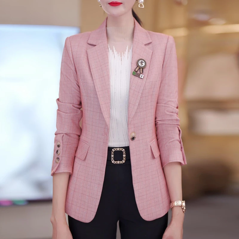 粉色格子西装外套女春秋2025新款气质女神范休闲西服X19921女款