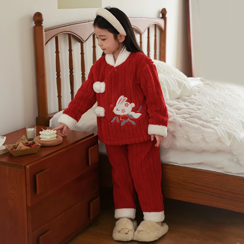新中式女童法兰绒睡衣加厚套装冬季儿童保暖家居服2160