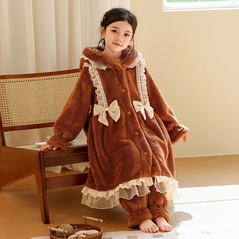 儿童睡袍家居服法兰绒冬女童中长款珊瑚绒睡衣2261