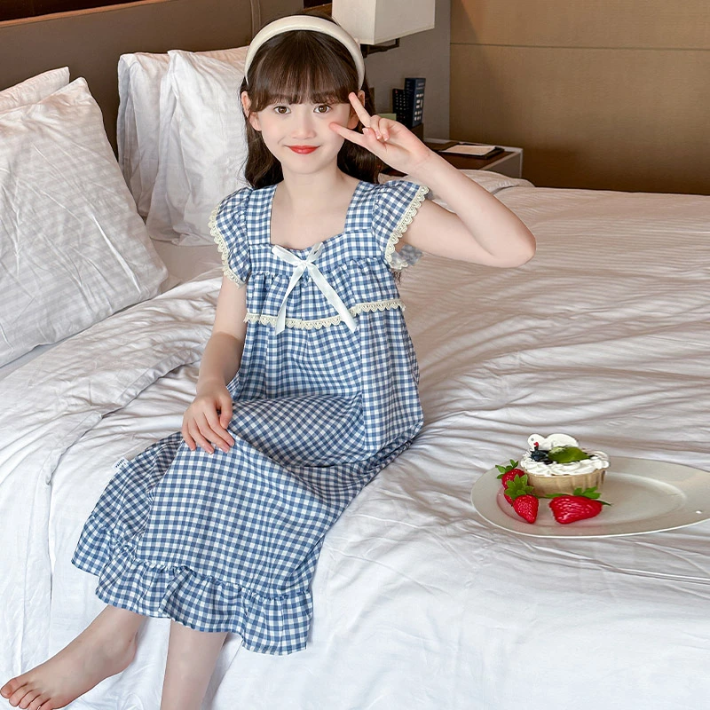 女童格子睡裙夏季新款儿童睡衣公主风大童小女孩家居服薄Q492