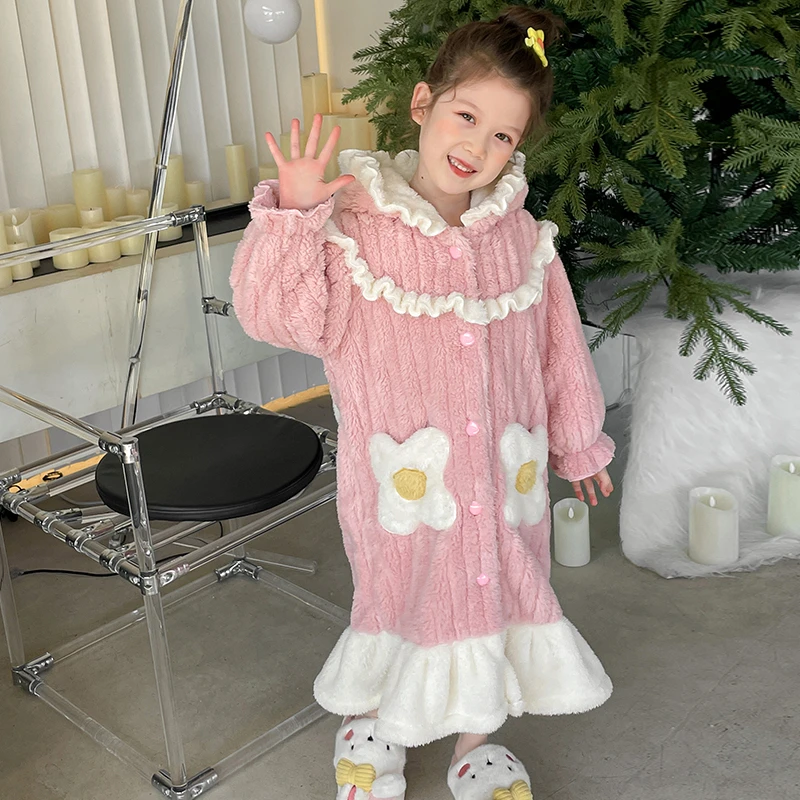 女童法兰绒睡袍冬季厚珊瑚绒可爱中长款套装家居服1987