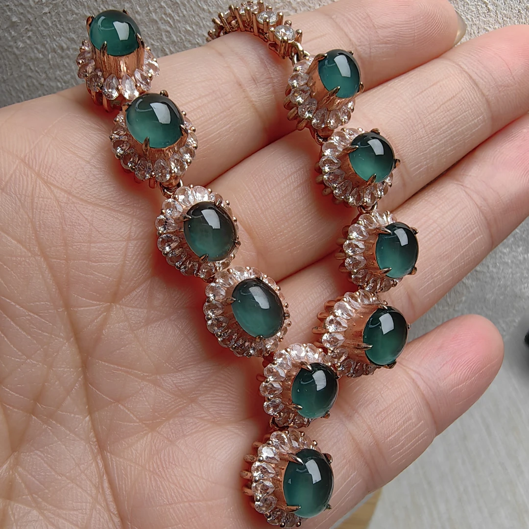 天然翡翠铜托高冰蛋面原石古风镶嵌精美