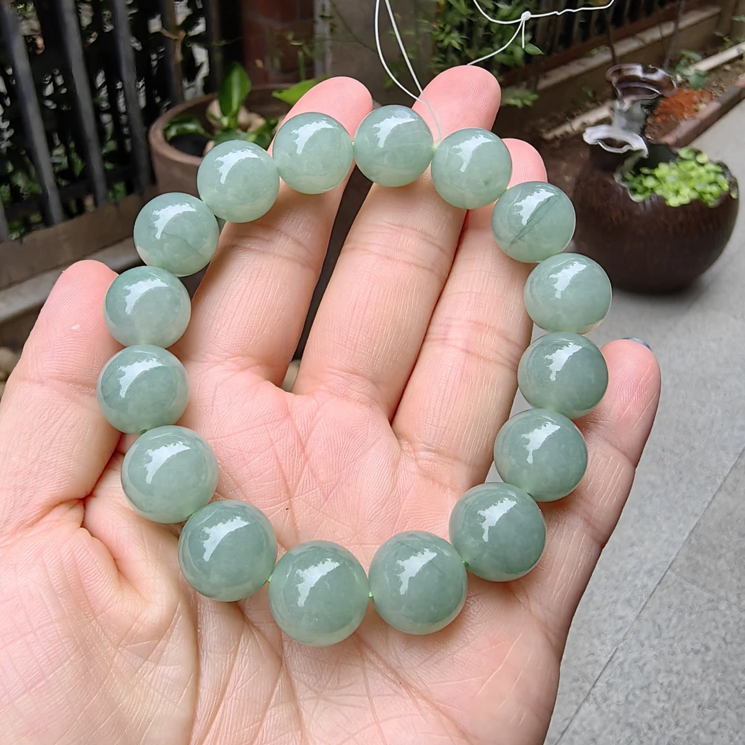 22/2 A3-1天然翡翠高冰带色飘绿花大珠串单圈精美手串