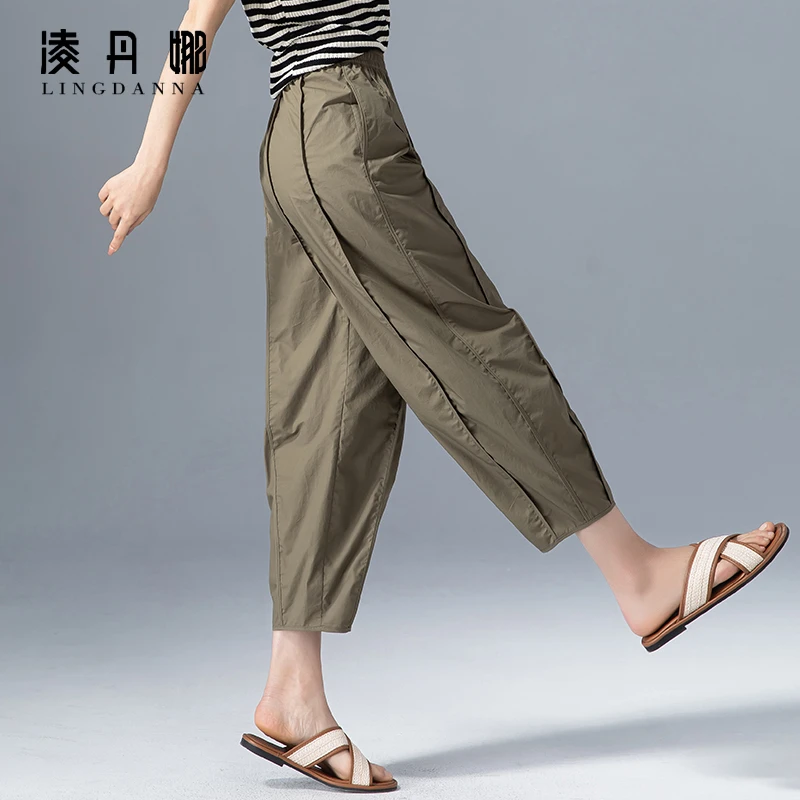 休闲裤子灯笼裤女夏2024新款小个子八分裤夏季薄款宽松九分哈伦裤