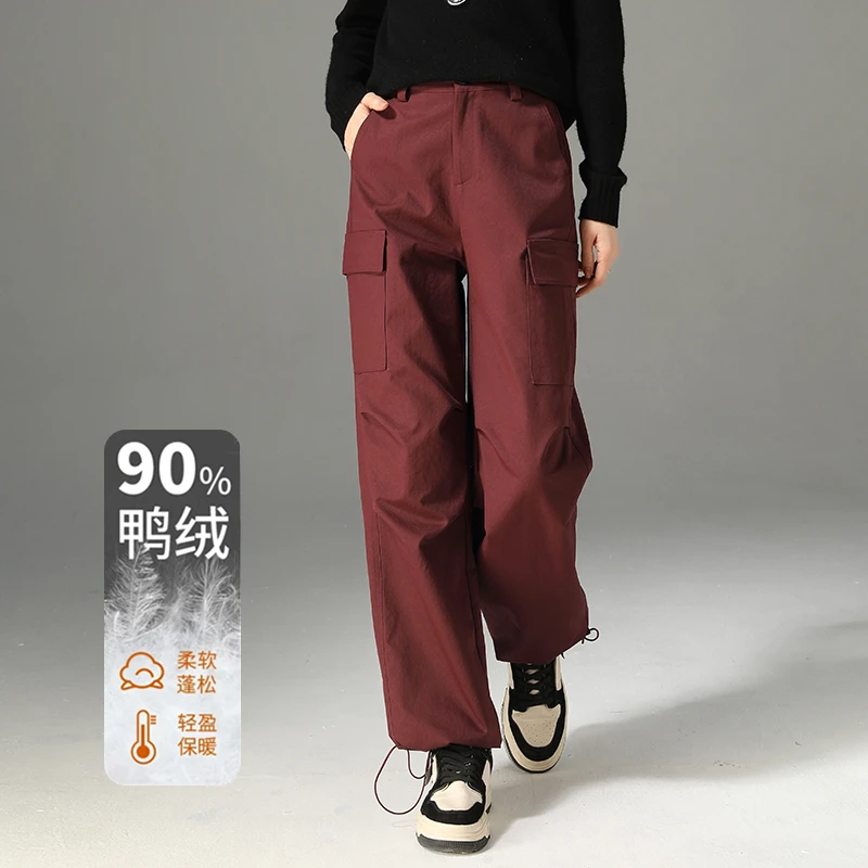 安可拉红羽绒裤女冬外穿2024新款加厚保暖工装阔腿裤两穿束脚棉裤